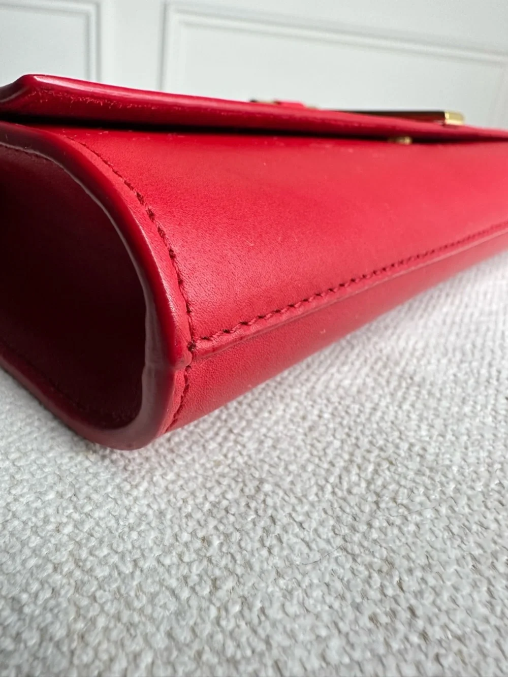 SOLD. Yves Saint Laurent Red Leather Clutch with Gold Y Emblem - Picture 6 of 15